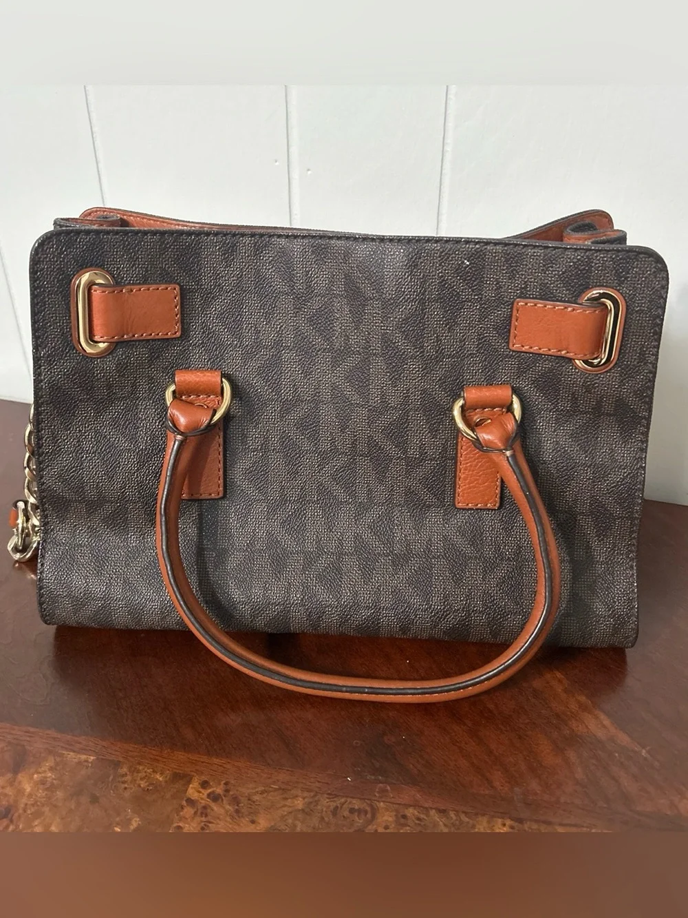 Michael Kors Hamilton Satchel Brown Monogram Canvas Tan Leather Gold Padlock Bag